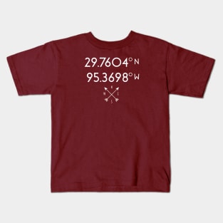 Houston Map Coordinates (latitude and longitude) white text with compass rose, no city name Kids T-Shirt